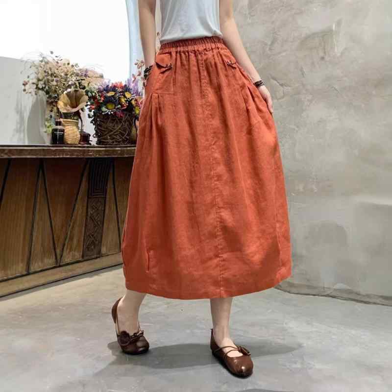 半身スカート 女性用 春夏 ゆったり スリム 芸術的 復古 麻 無地 ゴムウエスト 中長丈 花弁スカート 百搭 プリーツ ボタン ライトウェイト ナチュラル コットン混