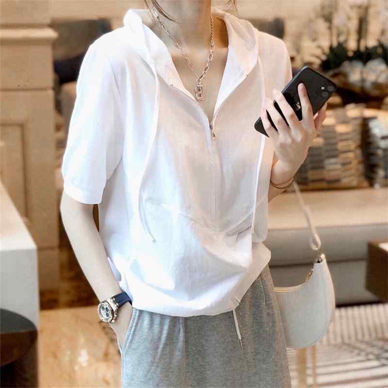 Tシャツ 女性 ワイド 接触冷感 綿 短袖 連帽 ジップ 切り替え 防晒 ランニング フィットネス 通勤 街頭 気質 白色 吸湿速乾 軽量 伸縮性 ユニセックス 普段使い アウトドア トップス ポロシャツ ルーズフィット イギリス風 優雅 知性 個性 シ