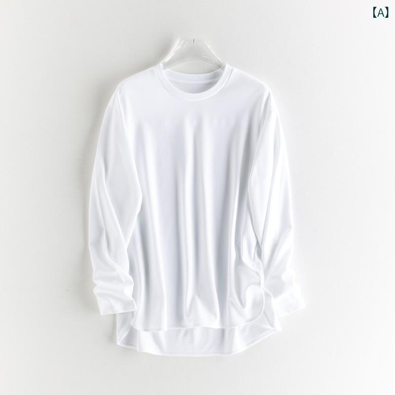 Tシャツ 女性用 長袖 コットン ポリエステル 混合素材 丸首 サイドスリット ゆったり シルエット 速乾 免アイロン ミドルレングス トップス ブラウス 白色 ブラック ブラウン コットン素材 ポリエステル混紡 ゆったりフィット 丸襟 サイドカット 吸