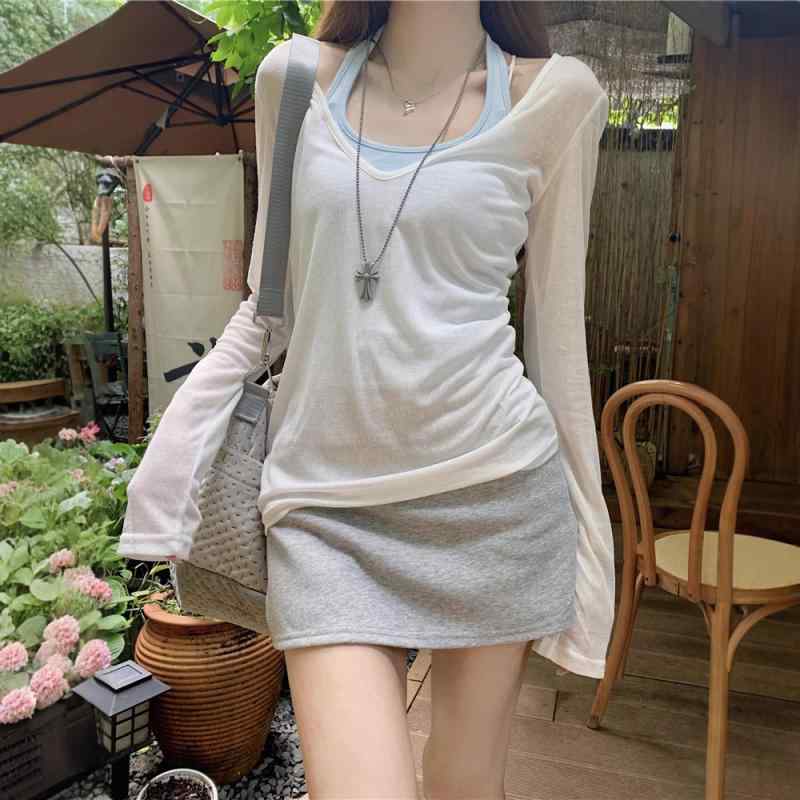 Tシャツ セット 女性用 Vネック 長袖 防晒 修身 スリム 吊り紐 キャミソール 切り替え ポロシャツ 風 私服 涼感 吸湿速乾 ポリエステル 中長丈 ホワイト ブラック グリーン イエロー ブルー 春夏 軽量 伸縮性 接触冷感 日常使い カジュアル
