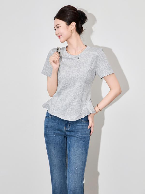 Tシャツ 女性用 通勤 気質 修身 ラウンドネック 短袖 フラウンスヘム グレー ブラック 杏色 ニット セットインスリーブ ソリッドカラー スパンデックス スタンダードレングス 軽量 伸縮性 春夏 ファッション カジュアル シンプル フレンチスタイル