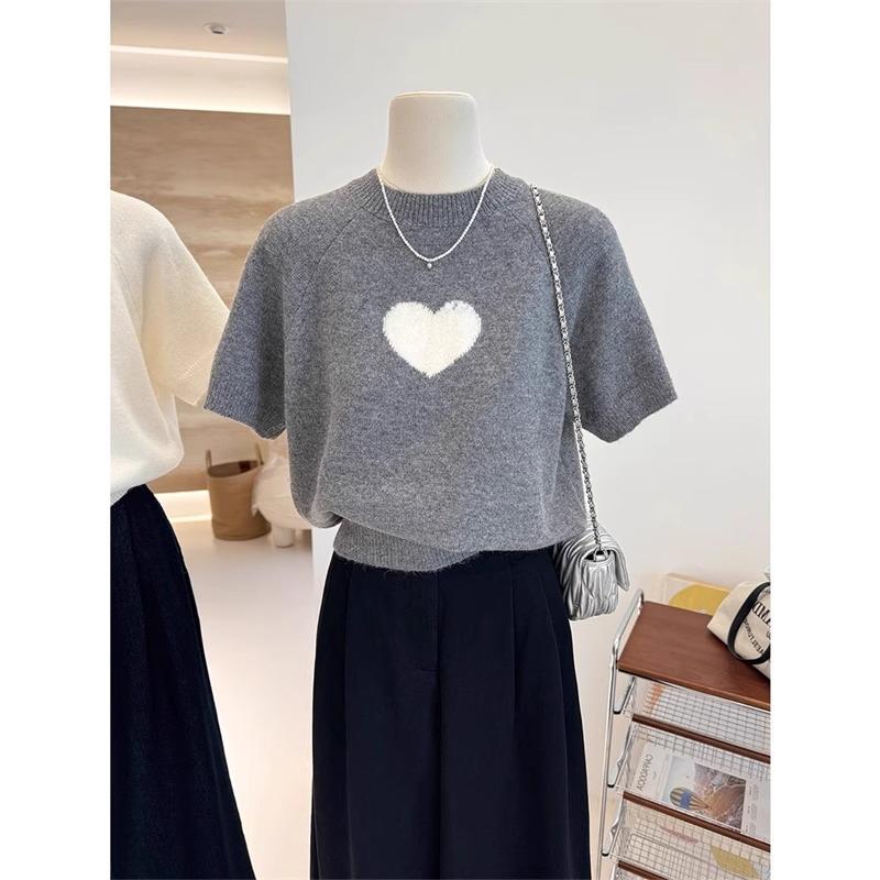 Tシャツ レディース 夏用 短袖 半高領 ニット トップス ハート柄 切り替えデザイン 接触冷感 吸湿速乾 軽量 伸縮性 グレー ベージュ 名媛風 私服 カジュアル 普段使い