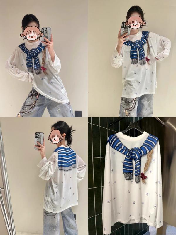 Tシャツ 女性用 手描き小花柄 綿素材 接触冷感 長袖 丸首 ゆったりシルエット 白色 切り替えデザイン 吸湿速乾 軽量 通勤 普段使い 街頭スタイル かわいい 春夏 6,266円