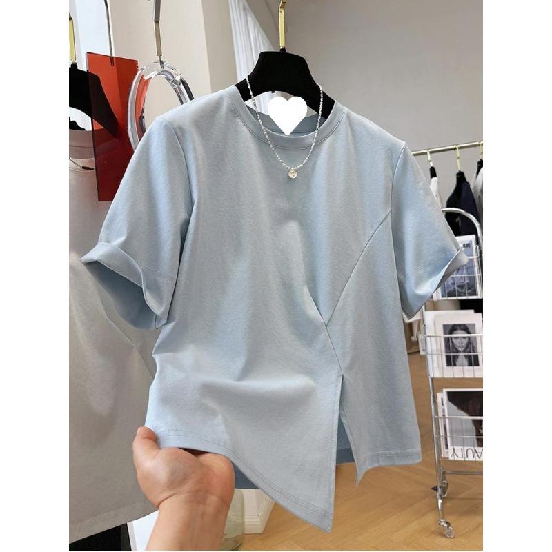 Tシャツ 女性用 夏 短袖 トップス 綿素材 純色 丸首 ゆったりシルエット サイドスリット デザイン 接触冷感 吸湿速乾 通勤スタイル 気質 普段使い ブルー ホワイト ブラック