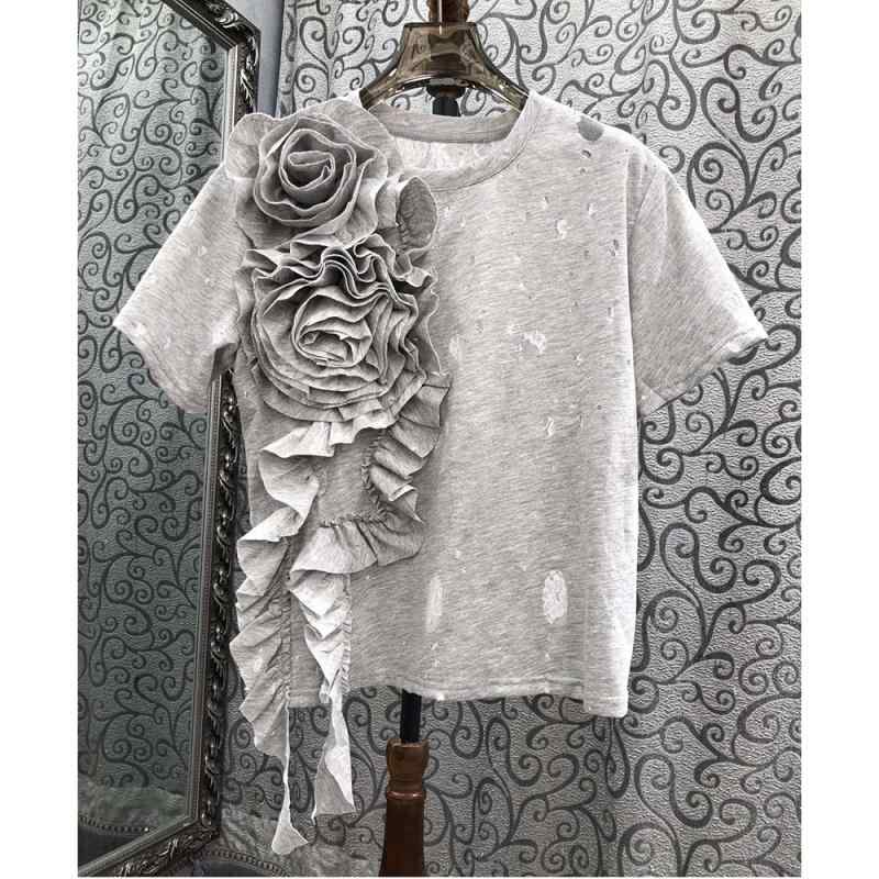 T シャツ 女性用 短袖 立体花柄 荷葉エッジ 破洞デザイン 丸首 非対称 綿素材 接触冷感 軽量 吸湿速乾 春夏 カジュアル ストリート かわいい 普段使い 白色 グレー ライトブルー ストライプ