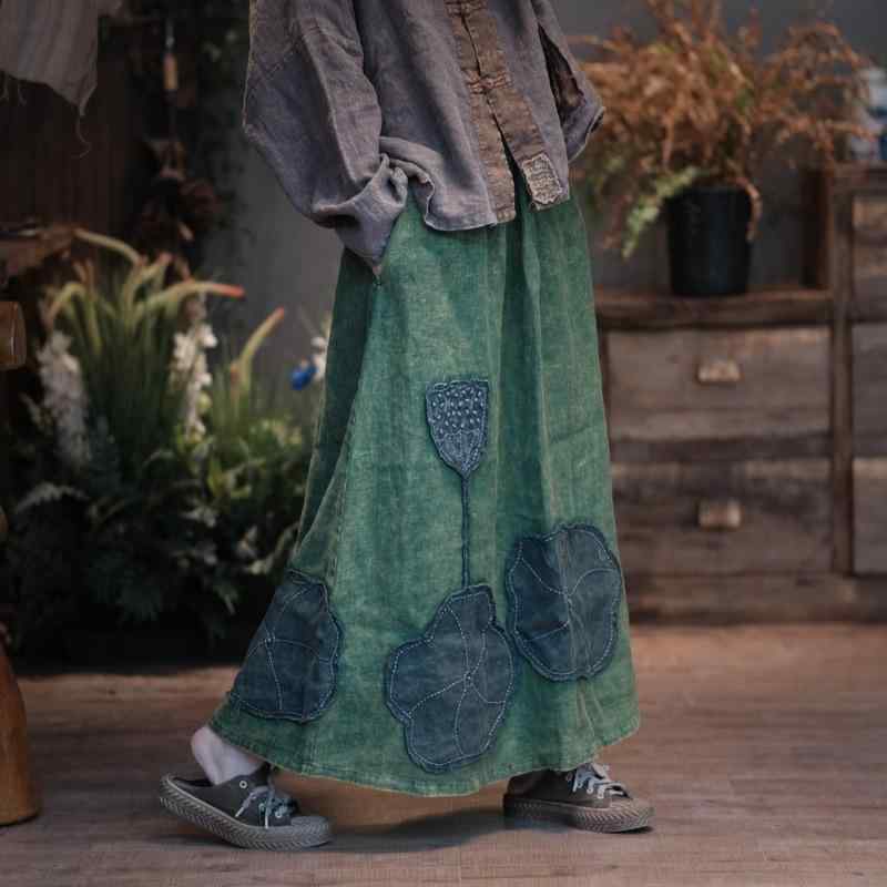 スカート 半身スカート レディース 復古 Aライン 中長丈 植物花卉 刺繍 ウォッシュドリネン 麻素材 微弾力 撞色 ヴィンテージ グリーン 旧緑 快適 日常使い カジュアル 軽量 通勤 普段着｜LiLishop6