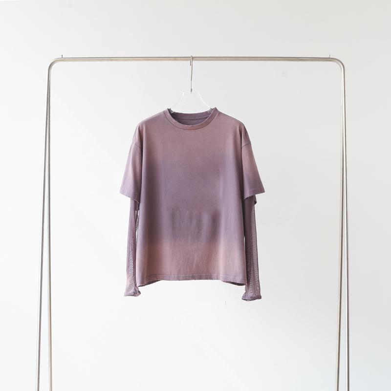 Tシャツ 女性用 長袖 綿素材 接触冷感 切り替え レース袖 ヴィンテージ加工 グラデーション柄 フェイクツーピース ラウンドネック ルーズフィット ミドル丈 深紫色 ストリートスタイル 吸湿速乾 春夏向け かわいいトップス 通勤普段使い