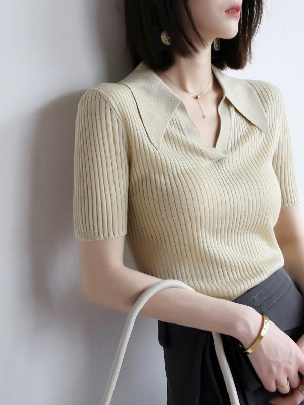 T シャツ 女性用 夏 ポロカラ 短袖 ニット トップス 綿 ポリエステル 混紡 接触冷感 切り替え 撞色 修身 スリムフィット 短丈 通勤 気質 シンプル かわいい イエロー系 ホワイト ブラック 吸湿速乾 軽量 伸縮性