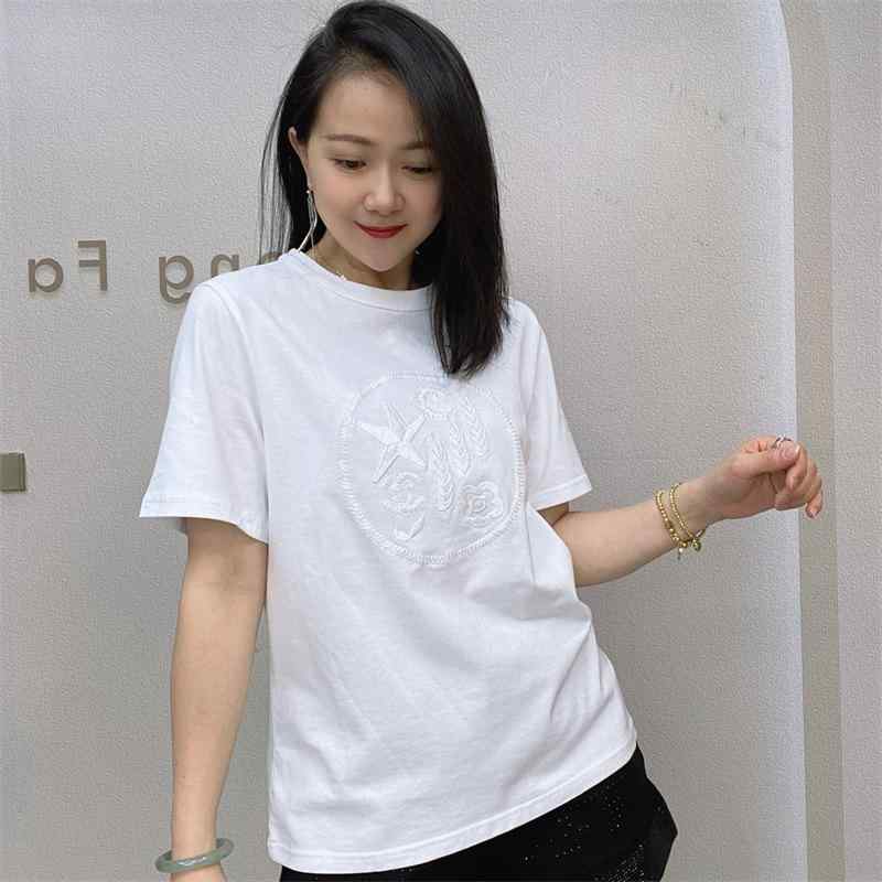 レディース トップス 国風刺繍 短袖 Tシャツ 接触冷感 綿素材 3D立体 花柄刺繍 短丈 ゆったりシルエット 丸首 セットインスリーブ 夏用 快適カジュアル 日常使い 白色 シンプルデザイン 軽量 通気性 吸湿速乾 かわいい 韓国風 ルーズフィット 休