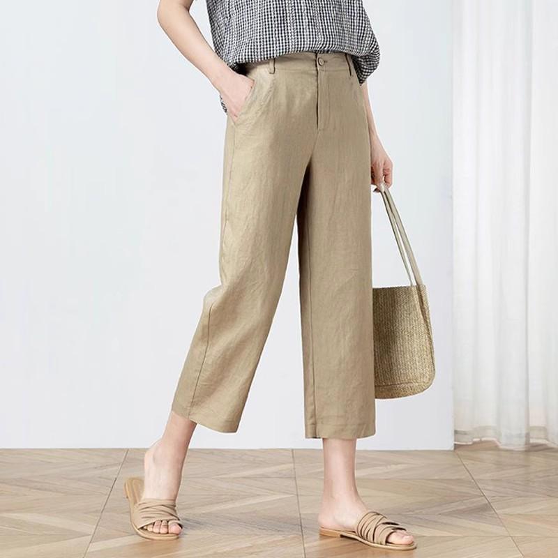 レディース 春夏 コットンリネン ワイドパンツ 七分丈 薄手 ゆったり スリムフィット ストレートパンツ ポケット付き マイクロストレッチ 私服 カラキ ベージュ ブラック カジュアル 普段使い 軽量 通勤 通年