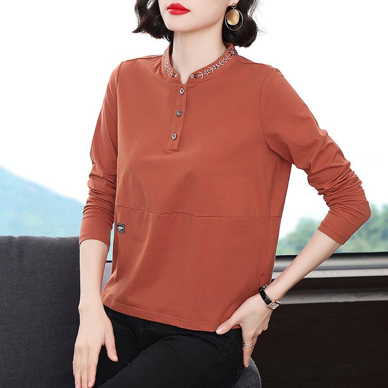 長袖 Tシャツ レディース 春夏 刺繍 フラワー柄 コットン ワイドシルエット 立襟 セットインスリーブ 普通丈 ルーズフィット ボヘミアン 民族風 復古 薄手 トップス 切り替え ピュアカラー 橘色 ブルー パープル ワインレッド ネイビー パープル系