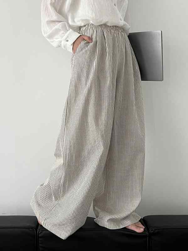 レディース 夏 ストライプ ワイドパンツ 直筒型 垂感 綿麻 レイヨン 麻素材 薄手 高腰 長丈 切り替え ゆったり ルーズフィット 軽量 通気性 吸湿速乾 日常使い カジュアル ブラック 麻色 日韓スタイル