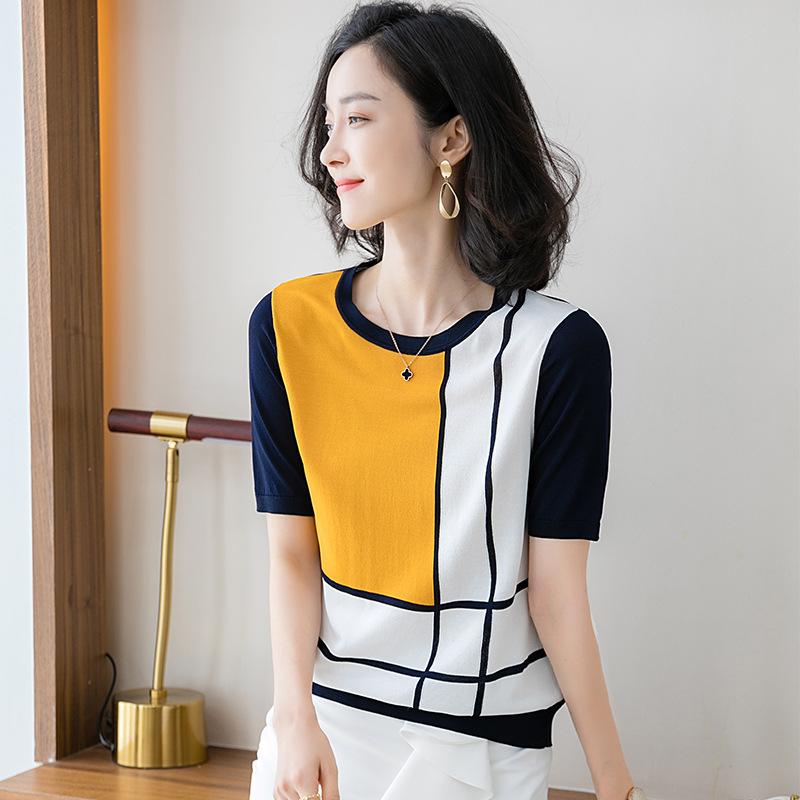 Tシャツ 女性用 春夏 短袖 接触冷感 綿混 ポリエステル 印花 切り替え 丸首 ゆったり スリムフィット ピクセルカラー 通勤 普段使い 軽量 通気性 吸湿速乾 気質 優雅 トップス シャツ 上着