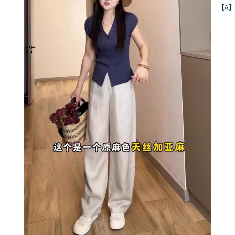 ワイドパンツ レディース 夏用 薄手 高腰 ストレート 九分丈 麻混 接触冷感 再生繊維 ポリエステル 切り替えデザイン シンプル 御姐風 ゆったりシルエット 無弾性 麻カラー 紫系 ネイビー 普段使い 通勤 軽量 ハンガリー加工 かわいい ビッグサイズ