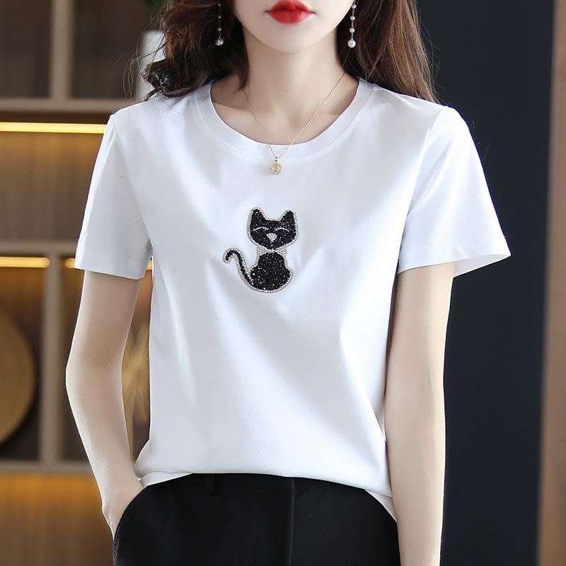 Tシャツ レディース 短袖 夏 接触冷感 綿100% トップス かわいい 動物柄 ストーン刺繍 ルーズフィット ラウンドネック 半袖 シンプル 日常使い 軽量 通勤 外出 白色 ブラック シャンパン カラー展開 棋盤柄 熊モチーフ クラウン スマイル チ