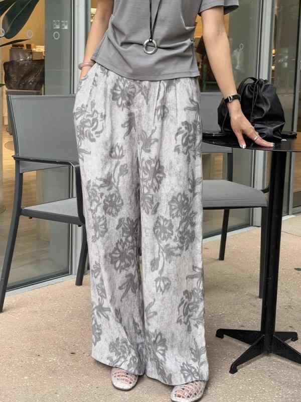 レディース ワイドパンツ 麻混紡 接触冷感 印花柄 グレー ロング丈 ゆったりシルエット 夏用 軽量 薄手 ポケット付き ゆったり腰回り 日常使い 日韓カジュアル 吸湿性 通気性 快適 リラックススタイル