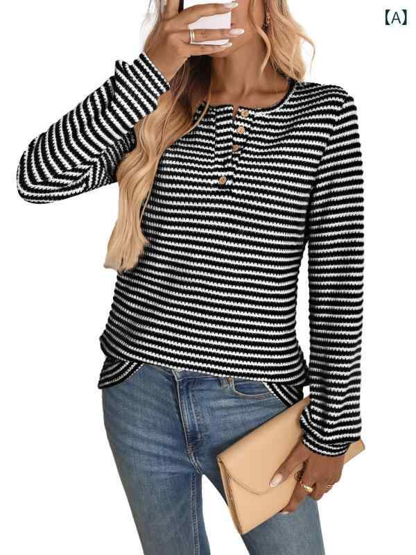Tシャツ レディース 秋冬 長袖 ニット トップス 菠?格 柄 ボタン デザイン 丸首 ゆったり シルエット 綿 混 ポリエステル 素材 快適 吸湿 速乾 機能 ストリート スタイル 普段使い ブラック ワインレッド ブラウン ブルー ベージュ カラー
