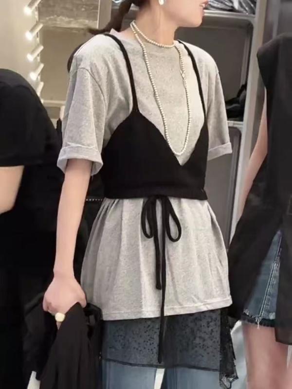 Tシャツ トップス 女性用 春夏 セット グレー 短袖 丸首 黒 キャミソール Vネック ピッタリシルエット 接触冷感 ポリエステル 切り替え柄 ゆったり 吸湿速乾 街頭カジュアル 軽量 通勤 普段使い