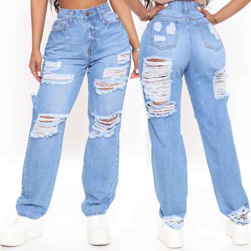 レディース デニムパンツ 夏 春夏 ワイドレッグ ハイウエスト ゆったりシルエット 破れデザイン コットン 麻 混紡 ロング丈 ストリートスタイル 気質 欧米風 ブルー 軽量 伸縮性 吸湿速乾 通勤 普段使い アウトドア かわいい