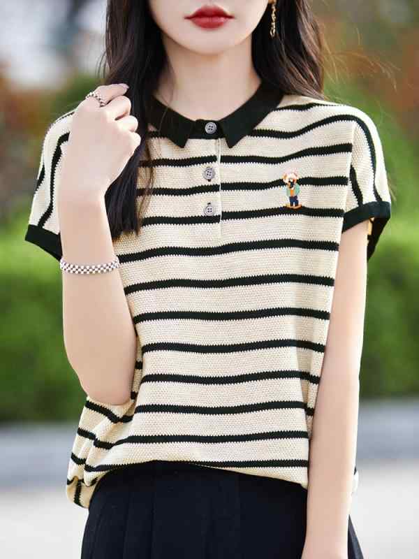Tシャツ 女性用 短袖 娃娃領 小熊刺? 条紋 切り替え ワイド 落肩 インナー 接触冷感 吸湿速乾 ポリエステル ウール混紡 ブラック 焦糖色 日韓カジュアル シンプル 春夏 軽量 通勤 普段使い 部屋着 ビッグシルエット Vネック 再生繊維