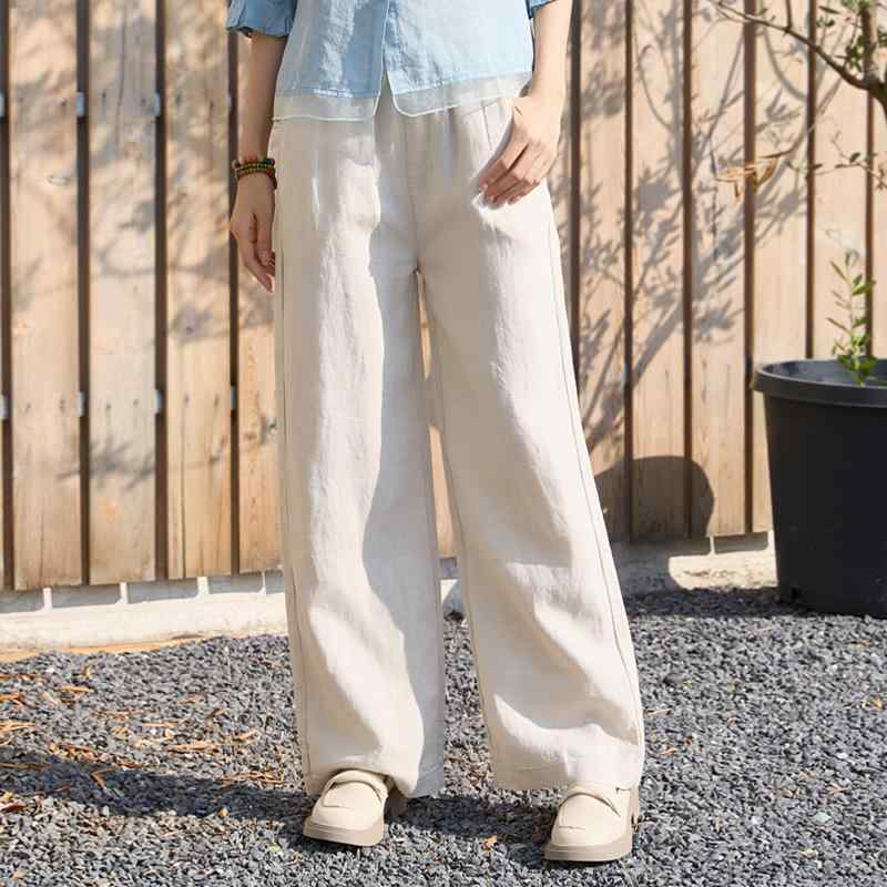 レディース ワイドパンツ 純ア麻 春夏 直筒 ロング ミッドライズ 中厚 ポケット 無弾性 白色 杏色 深カーキ ブラック グリーン ゆったり 大きいサイズ 純色 スリム効果 軽量 通勤 普段使い 部屋着 復古風 吸湿速乾 再生繊維 洗い加工 高温定型