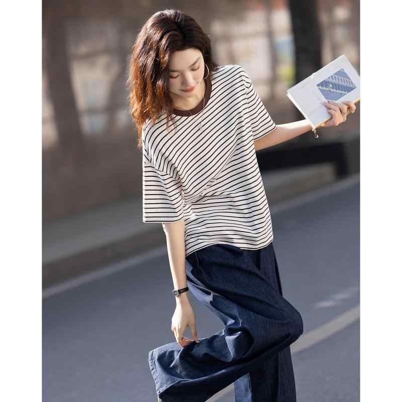 Tシャツ 女性用 春夏 気質通勤 都市風 優雅 かわいい 復古 条紋柄 5分袖 丸首 ゆったりシルエット 普通丈 遮肉効果 ?綿素材 磚色 吸湿速乾 軽量 伸縮性 普段使い 部屋着 インナー トップス ブラウス インナーウェア 気質スタイル