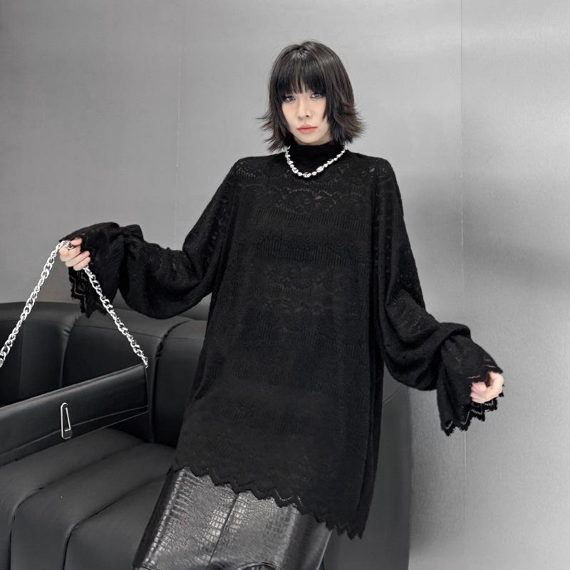 Tシャツ 女性用 春夏 ブラック 半高領 長袖 喇叭袖 レース 植? ポリエステル コットン 混紡 プレーツ加工 ゆったりシルエット 普通丈 セットイン ソリッドカラー 街頭スタイル 個性派 軽量 伸縮性 吸湿速乾 フェミニン ヴィンテージ風 日常使い