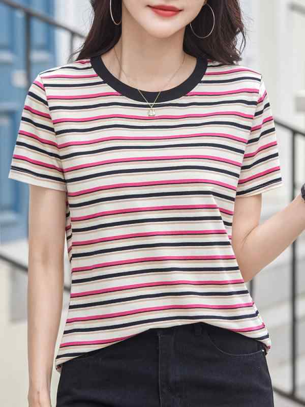 Tシャツ レディース 短袖 丸首 ストライプ柄 切り替え コットン ストレッチ 夏服 ゆったり 韓国風 トップス 普段使い 吸湿速乾 軽量 修身シルエット 普通丈 赤ストライプ ライトブルーストライプ ネイビーストライプ