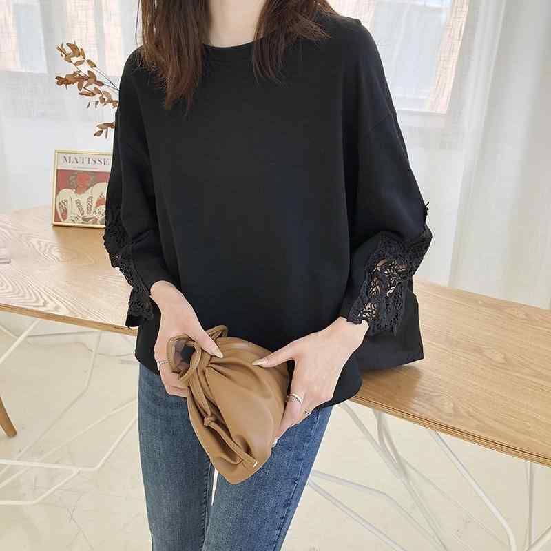 Tシャツ 女性用 七分袖 灯?袖 ルーズフィット 刺繍 レース 切り替え コットン 接触冷感 ホワイト グレー ブラック 気質 通勤 普段使い 伸縮性 高級感 秋冬