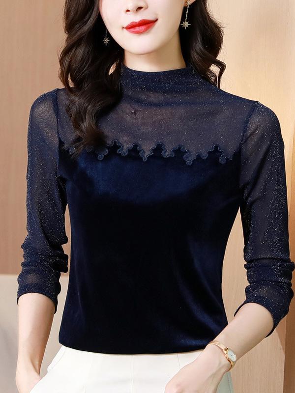 Tシャツ 女性用 秋冬 通勤風 半高領 長袖 修身シルエット 気質 インナー 切り替え ネット生地 ポリエステル 固色 セットインスタイル 普通丈 シンプル 快適 ブルー ブラック 軽量 伸縮性 吸湿速乾 カジュアルスタイル 普段使い 部屋着 トップス
