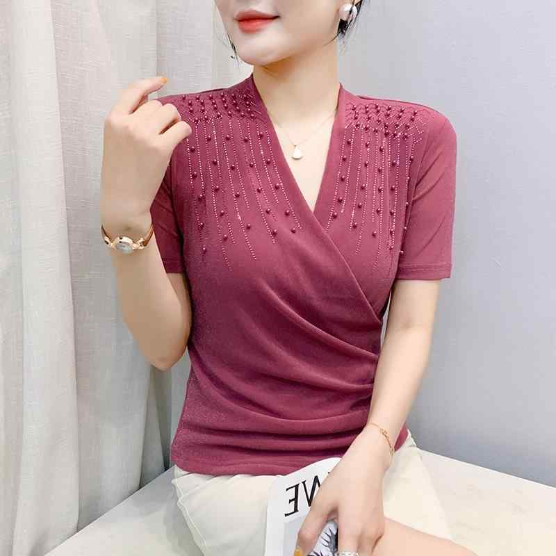 Vネック 短袖 Tシャツ 女性用 春夏 ピンク系 グリーン ブラック ネット生地 切り替え 修身 かわいい 甘め プリンセス シンプル レジャー 吸湿速乾 軽量 通勤 普段使い トップス