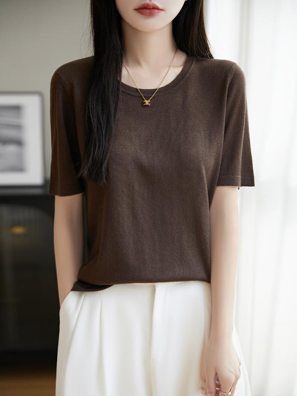 T シャツ 女性用 春夏 接触冷感 羊毛混紡 桑蚕? 軽量 透気性 吸湿速乾 針織 インナー セットインスリーブ セットネック ラウンドネック 純色 シンプル 日常使い 日韓カジュアル ホワイト グレー ブラック ブラウン ダークグリーン 柔らかい肌触り