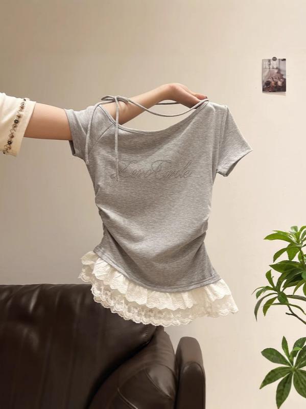 Tシャツ 女性用 春夏 短袖 斜めVネック 肩出し レース 花柄 切り替え 修身 綿混紡 粘膠繊維 接触冷感 軽量 吸湿速乾 花柄 グレー ブラック ホワイト かわいい 私服 普段使い 通勤 トップス インナー ビューティー フェミニン スタイル