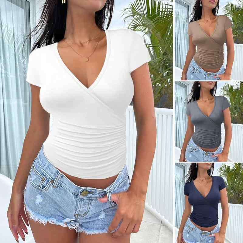 Tシャツ レディース 春夏 短袖 Vネック 修身 純色 トップス 針織 粘着繊維 スパンデックス 伸縮性 クロップド クロップトップ 街頭スタイル 個性派 ブラック ホワイト グレー 普段使い 軽量 通勤用 インナー