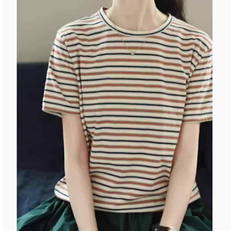 Tシャツ 女性用 春夏 短袖 丸首 ストライプ柄 切り替え コットン素材 通勤風 気質 ゆったりシルエット 軽量 吸湿速乾 カラフル トップス インナー カジュアル 日常使い ブラウス風 レイヤード