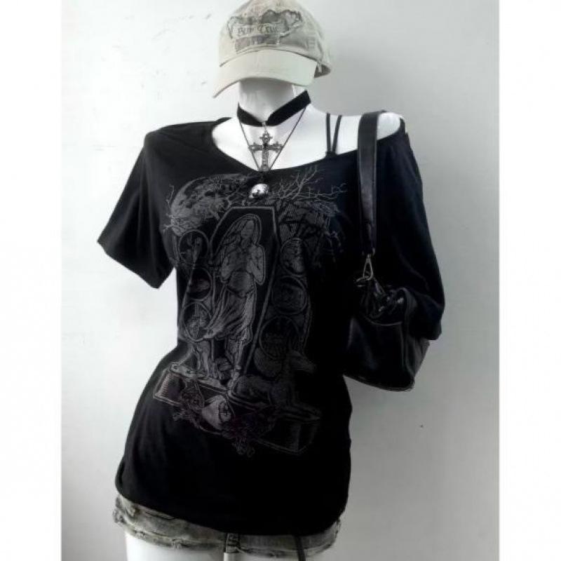 Tシャツ レディース 夏 黒 短袖 斜め肩 切り替え 収腰 スリム ゆったりシルエット 綿素材 吸湿速乾 接触冷感 通勤 普段使い 都市スタイル 軽量 伸縮性 かわいい ロック ミレニアル Y2K