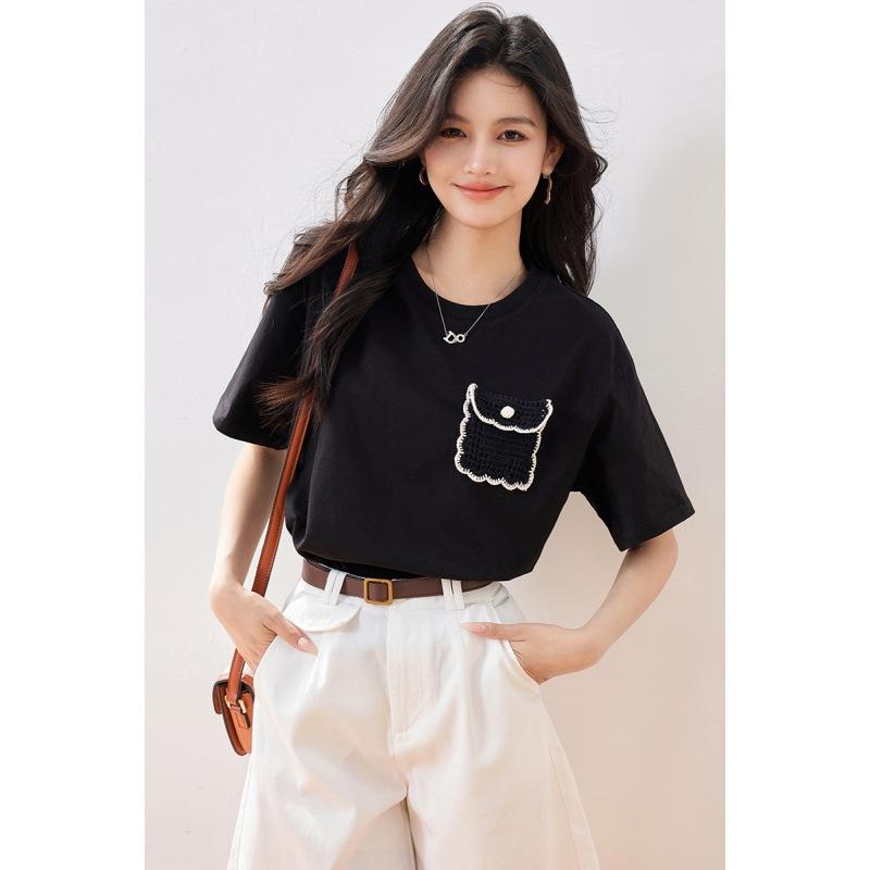 Tシャツ 女性用 韓国風 短袖 立体刺繍 ポケット 付 黒 直筒 落ち肩 丸首 切り替え ポリエステル 混 純色 普通丈 快適 日常使い 春夏
