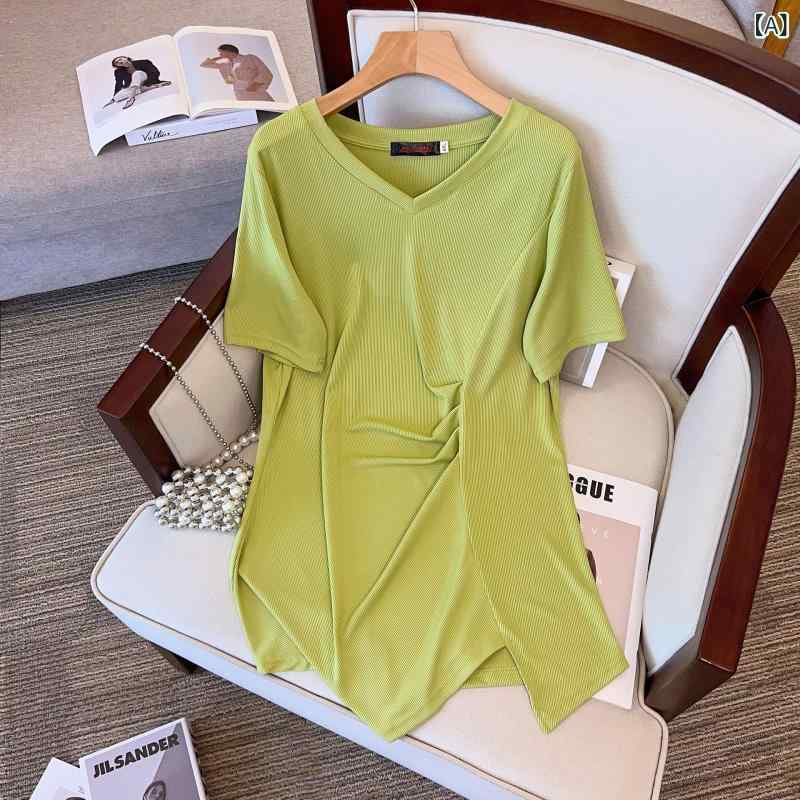 Tシャツ 女性用 大きいサイズ プレーツ 短袖 トップス コットン 綿素材 草緑 ブラック カラー ゆったりシルエット 日常使い 吸湿速乾 軽量 伸縮性 春夏 韓国風 気質 デザイン