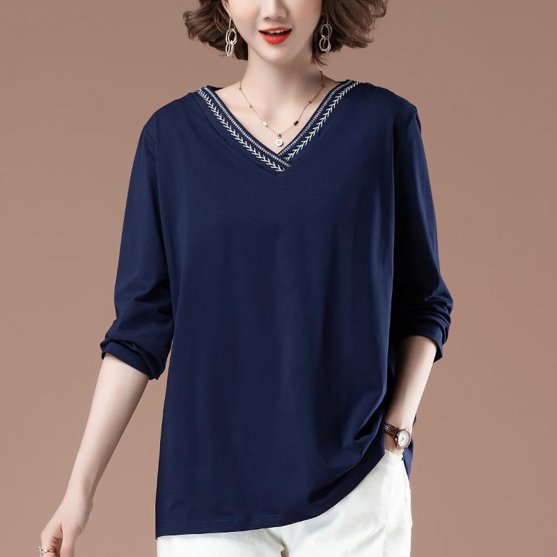 長袖 Tシャツ レディース 秋冬 中年女性用 綿素材 接触冷感 薄手 ゆったり 肥大型 大きいサイズ Vネック 打底 トップス 刺繍 刺繍デザイン シンプル セットアップ セットインスリーブ ミドル丈 深青 紺色 都市カジュアル 普段使い 軽量 伸縮性