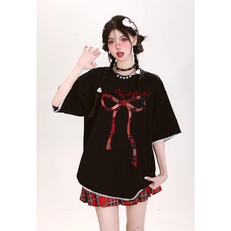 Tシャツ 女性用 春夏 短袖 刺繍 バタフライボウ ブラック コットン ストレッチ 接触冷感 ゆったり ビッグシルエット ラウンドネック ミドル丈 かわいい クール 甘め デザイン カジュアル トップス 半袖 ワイドフィット クリエイティブ パターン プ