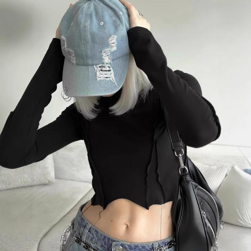 Tシャツ トップス レディース 長袖 クロップド 露? 丸首 切り替え クロップ丈 クロップトップ ポリエステル 無地 グレー ブラック ストリート ユーロスタイル 夏 春夏 吸湿速乾 伸縮性 軽量 ファッション 個性派 カジュアル 普段使い