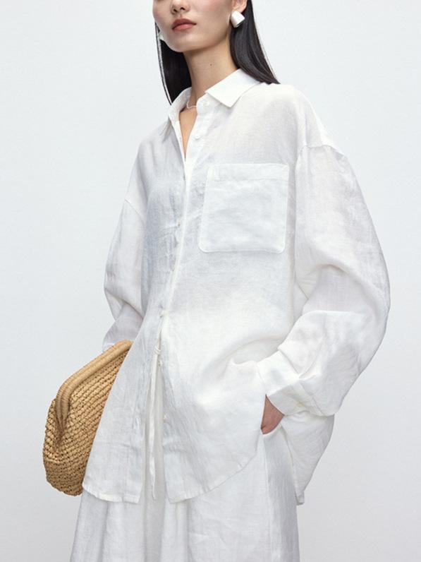 女性用 白色 麻 綿 混紡 長袖 シャツ 法式 ゆったり ワイド シルエット 気質 老金風 開襟 ポロ ネック 落肩袖 切り替え ポケット ボタン 防晒 トップス 軽量 快適 吸湿速乾 通勤 普段使い 春夏 ブラック ライトブルー ピンク カジュアル ス