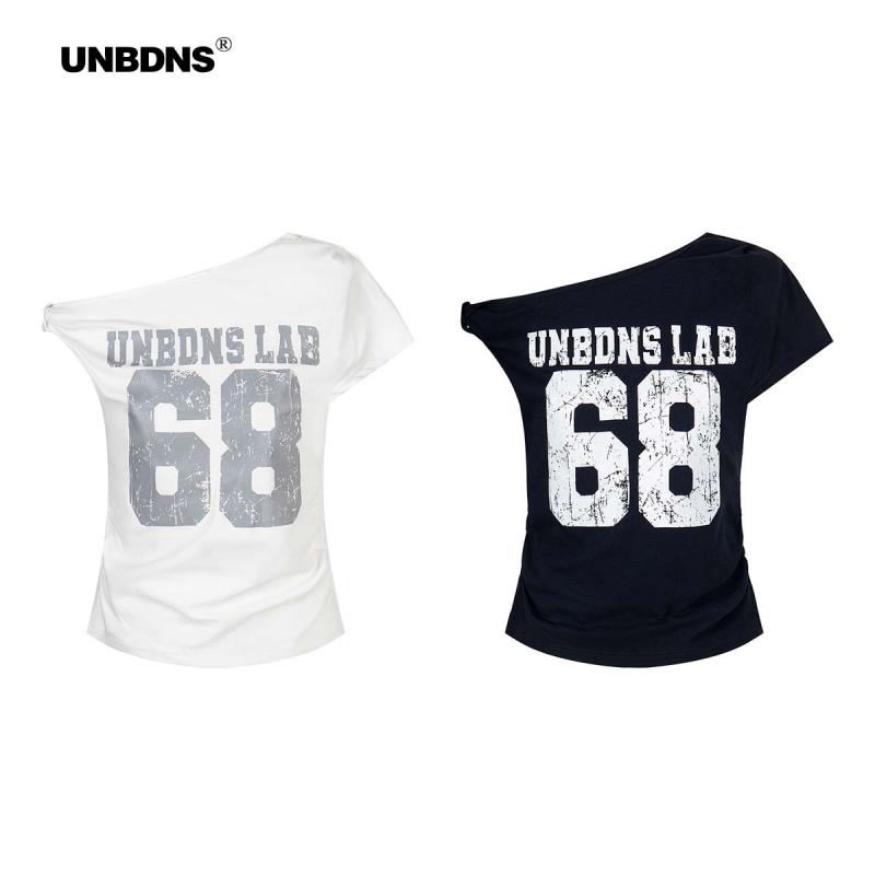 Tシャツ 女性用 夏 ブラック 斜め襟 肩出し 短袖 綿 印花 直筒 微?松 街頭風 潮人 トップス 短丈 セットアップ 吸湿速乾 軽量 カジュアル 普段使い
