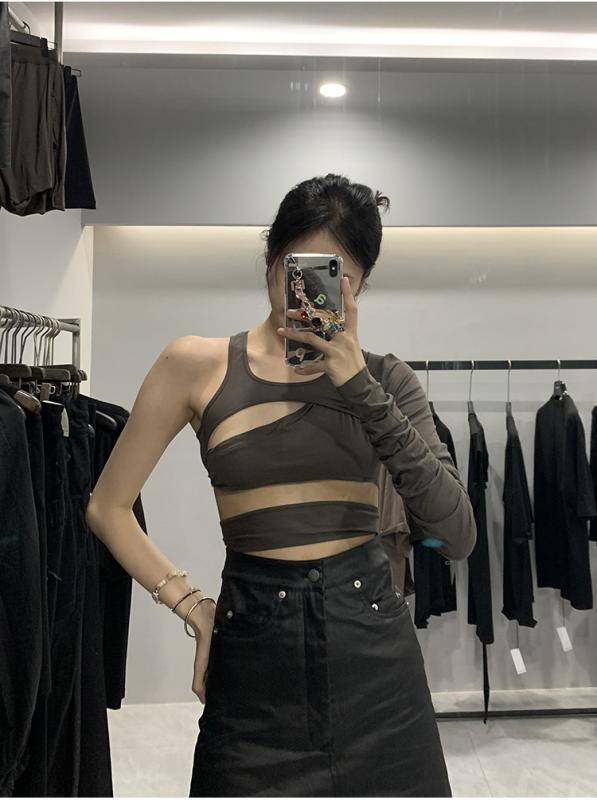 Tシャツ レディース 長袖 綿 接触冷感 切り替え セクシー トップス ブラック ダークスタイル 個性派 街頭ファッション 秋 シングルショルダー ニット ラウンドネック 吸湿速乾 軽量 ストレッチ 通勤用 普段使い