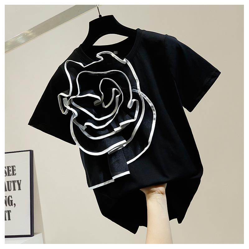 Tシャツ 女性用 短袖 コットン 接触冷感 立体 大花柄 装飾 ラウンドネック セットインスリーブ フリルエッジ フェイクツーピース ブラック ホワイト 通勤スタイル 普段使い 吸湿速乾 軽量 伸縮性 気質 ストリートファッション