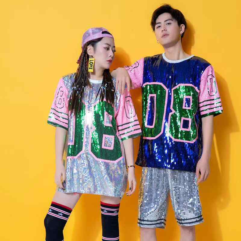 Tシャツ 女性用 夏 長袖 トップス ゆったりシルエット 低丸首 メッシュ素材 塩素繊維 切り替え ビーズ装飾 スパンコール 街頭ファッション ヒップホップ スタイル ブルー ピンク ゴールド ブラック シルバー 中長丈 接触冷感 吸湿速乾 軽量 通勤
