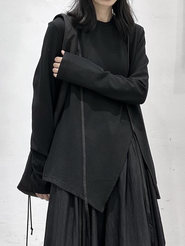 Tシャツ 女性用 長袖 シンプル 無地 ゆったり トップス コットン 素材 丸首 セットインスリーブ 立体装飾 日韓スタイル カジュアル ブラック ホワイト 秋 普通丈 ルーズフィット