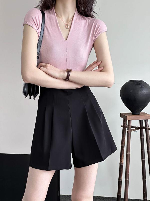 Tシャツ 女性用 夏 春夏 Vネック 短袖 トップス 韓系 シンプル ゆったり 修身 粘着繊維 接触冷感 染色加工 挿肩袖 純色 白色 ピンク グレー ブラック 日韓カジュアル 普段使い 軽量 吸湿速乾 伸縮性