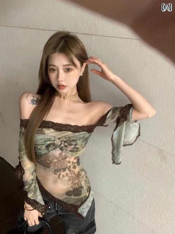 Tシャツ 女性用 春夏 純欲風 復古 ラッフル レース 片肩 長袖 修身 花辺 網紗 露出肩 トップス 接触冷感 ポリエステル アウトドア ハイウエスト Aライン ボートネック プリンセススリーブ 3D立体 花柄 植物プリント ヒョウ柄 軽量 伸縮性 吸