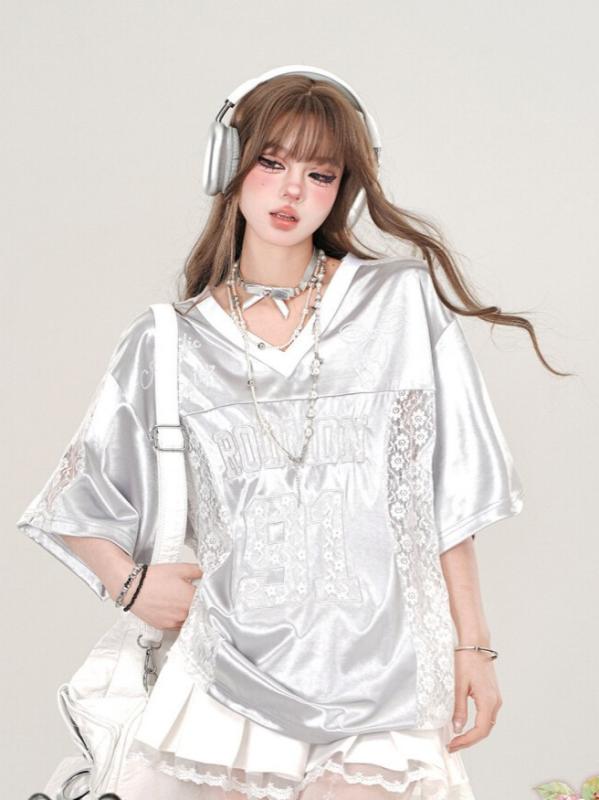 Tシャツ 女性用 夏 白色 ブラック Vネック レース 短袖 綿 ポリエステル 切り替え ゆったり ストリート ヒップホップ 潮人 個性 普段使い 吸湿速乾 伸縮性 軽量 カジュアル トップス スポーツ ユニセックス